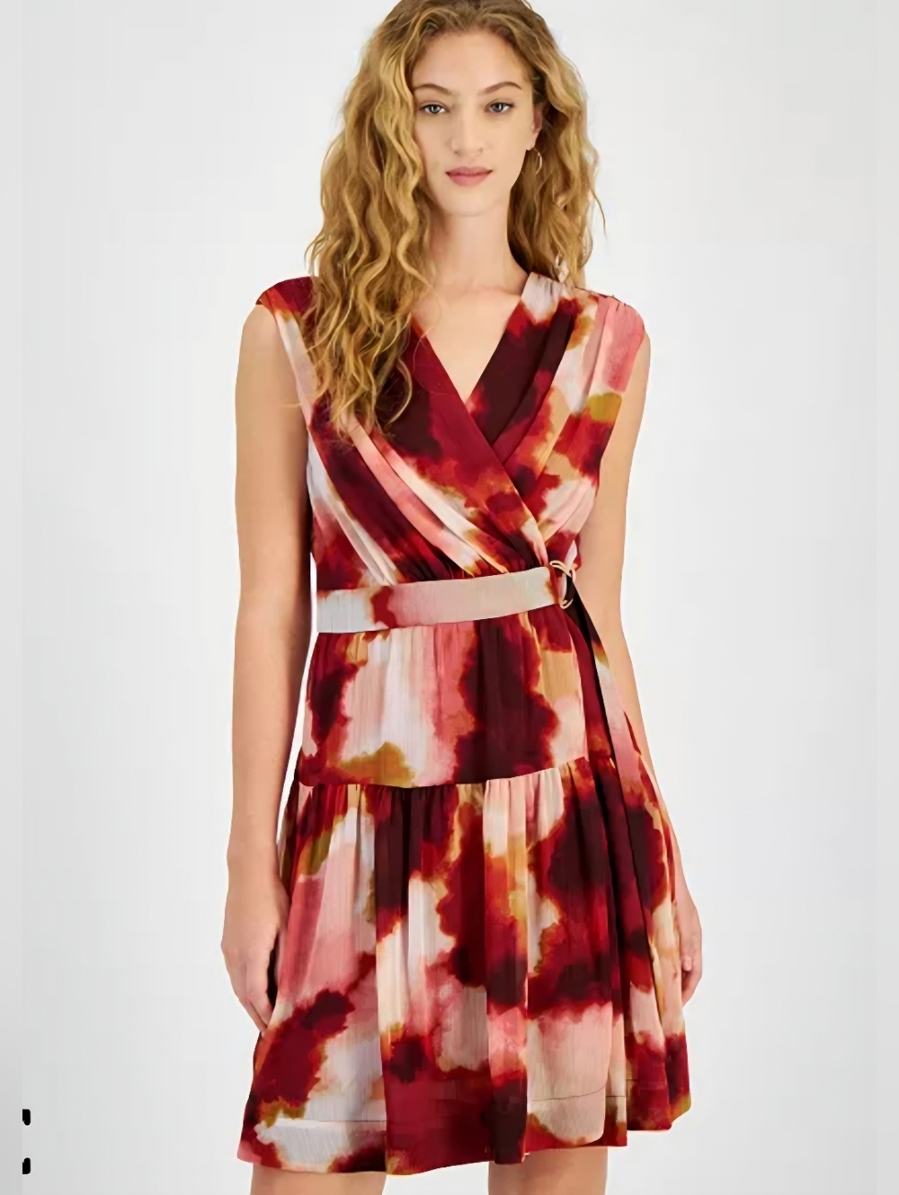 Taylor Watercolor Belted Wrap Dress in Red, Pink and Gold
